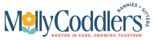 MollyCoddlers logo. Navy blue typeface with a sunny orange sunflower in place of the fist O.