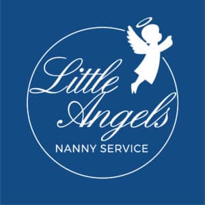 Little Angels Nanny Service logo, blue background with white angel child and name