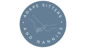 Agape Nannies and Sitters logo. a gray-blue circle with a line drawing of an adult hand and a child's hand clasped together, and the words Agape Sitters And Nannies written around the inside edge of the circle.