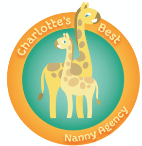 Charlotee's Best Nanny Agency Logo, Orange frame with green interior, and two giraffes