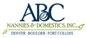 blue and green writing of ABC Nannies and Domestics logo with leaves