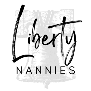 Background of liberty bell with overlay of Liberty Nannies text