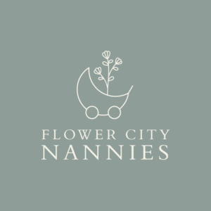 Flower City Nannies Logo. Gray background with white words, and a simple drawing of a flower sprouting out of a baby carriage.