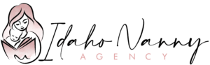 Woman reading a book to a child. Logo for Idaho Nanny Agency.