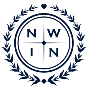 A compass logo of Northwest Indiana Nannies encircled in a wreath, all in navy blue