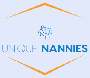 Unique Nannies logo, blue and orange, image of woman lifting child