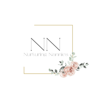 Nurturing Nannies logo, black, and gold with pink roses