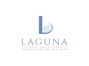 The image is a logo for "Laguna Baby Collective." The design features a large, elegant letter "L" with a stylized outline of a baby nestled within the curve of the letter. Below the "L," the words "LAGUNA BABY COLLECTIVE" are written in all caps, with "Laguna" in larger, bolder font. Beneath this, the tagline reads "COMPASSIONATE CARE, EVERY STEP OF THE WAY" in a smaller font. The overall color scheme is soft and calming, primarily in light blue tones, evoking a sense of care and nurturing.