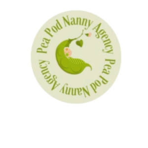 The image is a circular logo for "Pea Pod Nanny Agency." At the center of the logo, there is an illustration of an open pea pod, with two peas inside, each decorated with floral patterns. Above the pod is a small branch with a heart-shaped leaf hanging from it. The words "Pea Pod Nanny Agency" are written in a circular pattern around the image, following the curve of the circle. The color palette is primarily green with soft pink accents, creating a natural and nurturing feel.