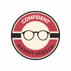 Confident Nanny Search logo featuring a pair of eyeglasses in a red, black, and beige circular design.