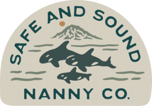Safe and Sound Nanny Co. logo featuring a family of orca whales swimming with a mountain in the background, symbolizing trusted Pacific Northwest nanny services.