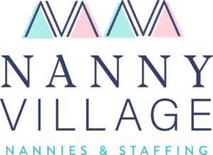Nanny Village logo featuring stylized overlapping 'M' shapes in pastel pink and teal above the words 'NANNY VILLAGE' in dark blue serif font, with 'NANNIES & STAFFING' in teal sans-serif font below.