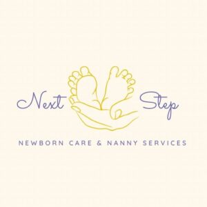 Next Step Newborn Care & Nanny Services" featuring an illustration of two yellow baby feet cradled in open hands, with the words "Next" and "Step" in a soft purple script font and the tagline in uppercase sans-serif below