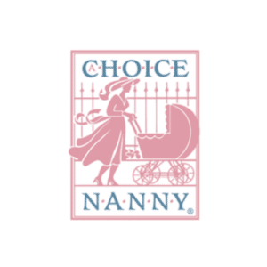 A Choice Nanny logo. Soft pink rectangle with a drawn image of a Victorian era woman pushing a baby pram in front of a wrought ion fence with the words Choice Nanny in light blue.