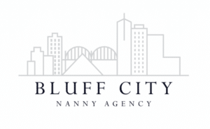 Bluff City Nanny Agency logo. A simple gray line drawing of a city skyline with the words Bluff City Nanny Agency in traditional black font below.