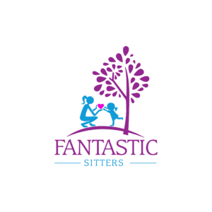 Logo for Fantastic Sitters. A purple minimalistic tree on a hill, with a woman kneeling down to accept a heart shaped gift from a child drawn in blue.
