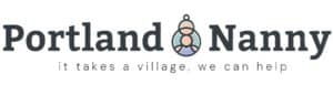 Portland Nanny Logo, soft gray, blue, and pink colors with a simple line drawn image of a baby between the words Portland and Nanny