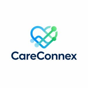 CareConnex logo. Heart with connections across it in blues and greens and the word CareConnex below in black