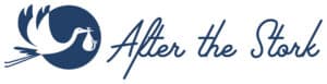 After The Stork Logo featuring a blue circle with a white stork carrying a baby flying across it and the words "After The Stork" in script to the right in blue
