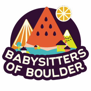 Babysitters of Boulder logo, white letters over a dark purple background that features playful rocky mountains make of fruit slices