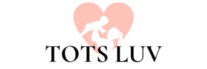 Tots Luv agency logo pink heart with a white cutout of a woman holding up a baby and the words Tots Luv in black formal typeface below.