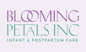 Blooming Petals Inc. logo. "Blooming" in purple modern font with the double "o" looped together. "Petals Inc." underneath in teal. A third line of smaller text in teal says "infant & Postpartum Care"